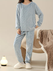 Cozy Fuzzy Pajama Set Long Sleeve Crew Neck Top & Elastic Waistband Pants
