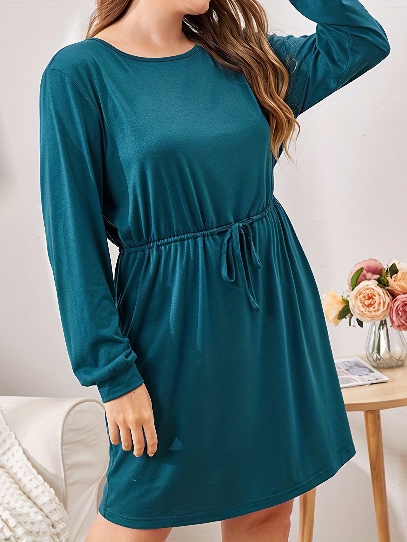  Lounge Dress Women's Plus Solid Long Sleeve Drawstring...