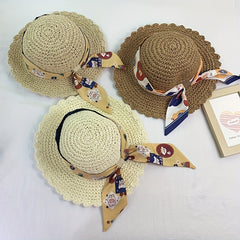 Kids Lace Ribbon Straw Hat for Girls Summer Vacation Beach Sun Hat