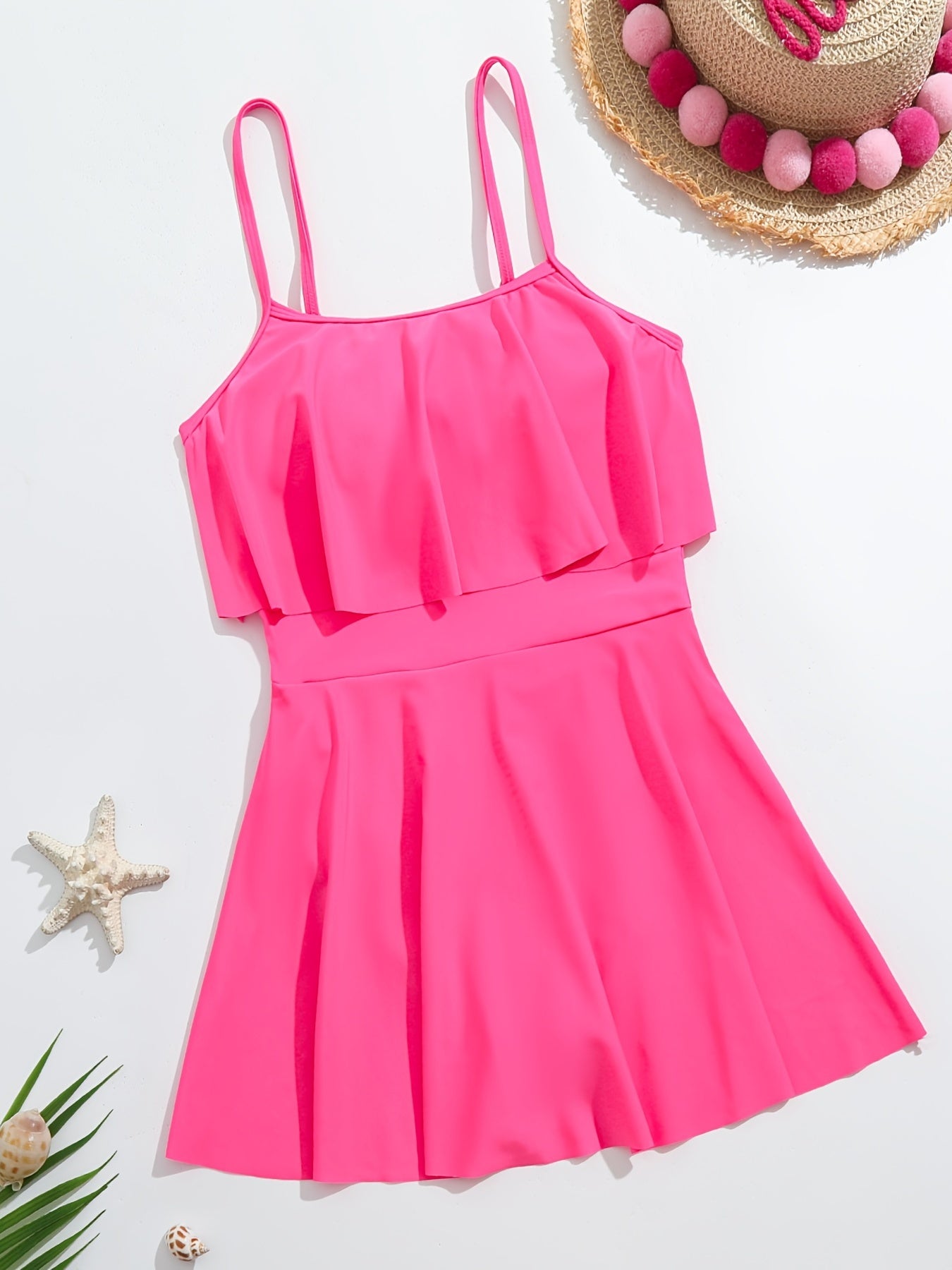 Ruffle Pleated Cami Dress Swimsuit For Girls