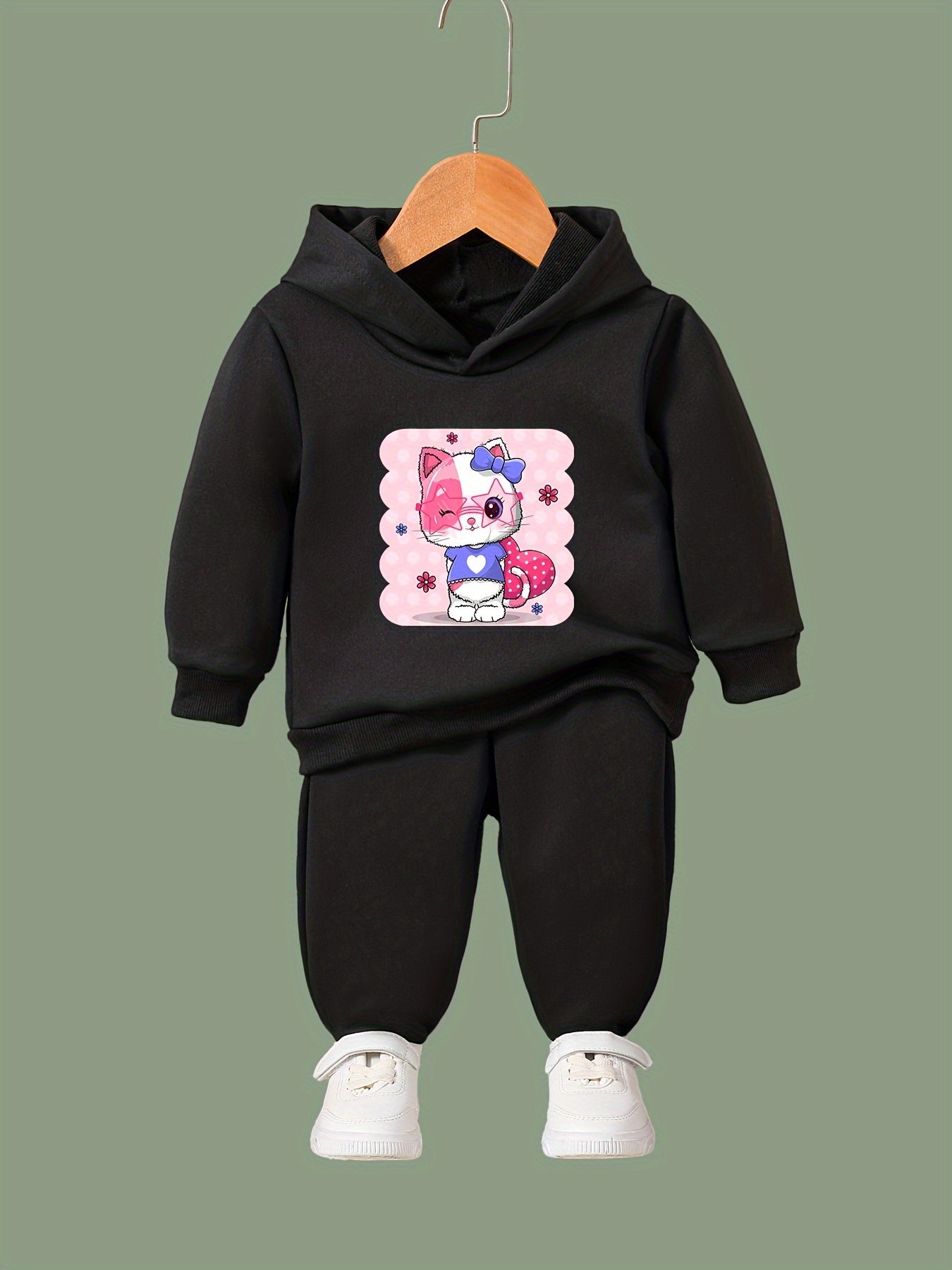 Girls Sweet Kitten Graphic 2pcs Set for Spring Fall Sports