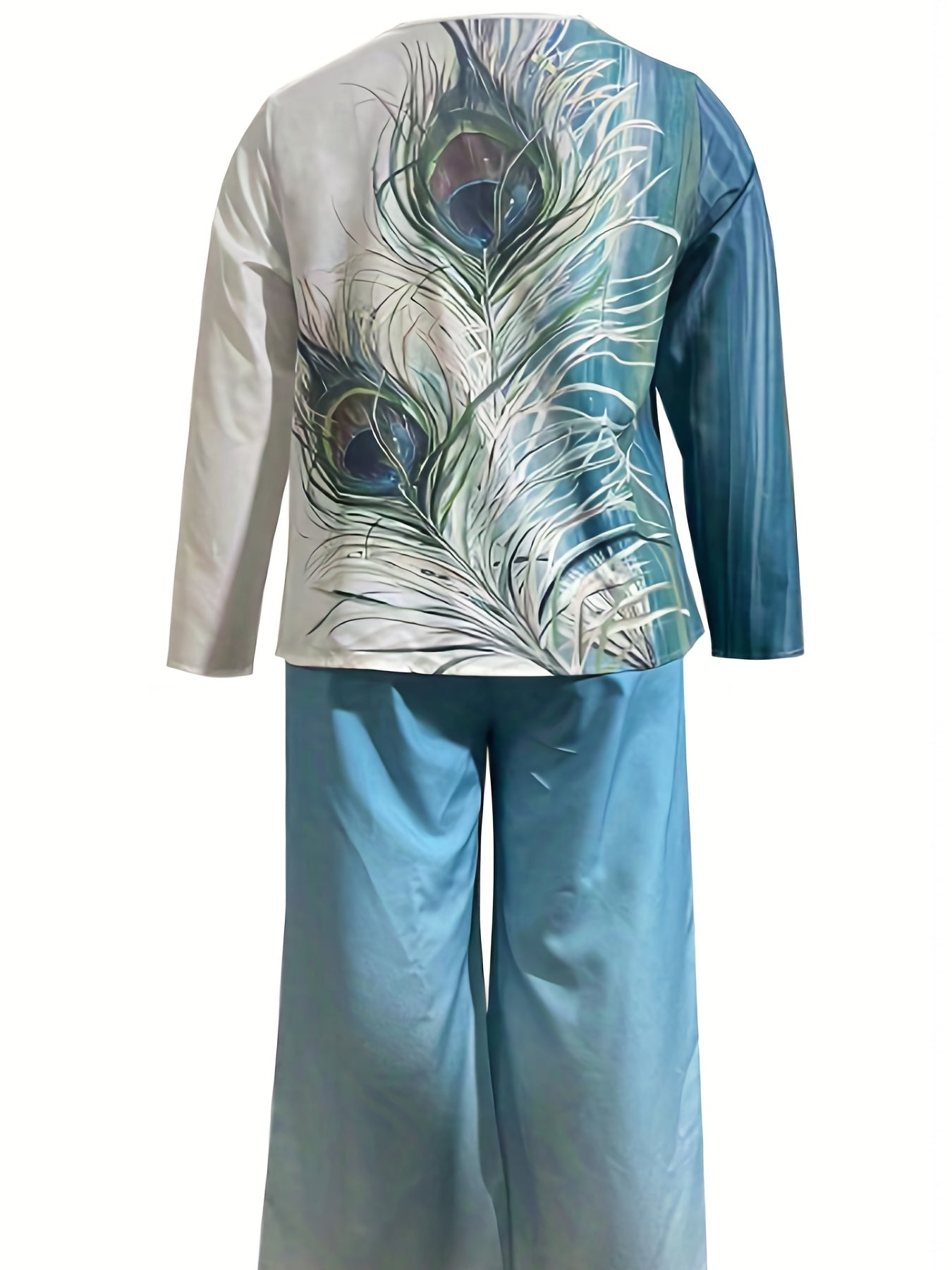 Ombre & Feather Print Tee & Pants Set