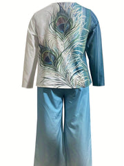  Ombre & Feather Print Tee & Pants Set