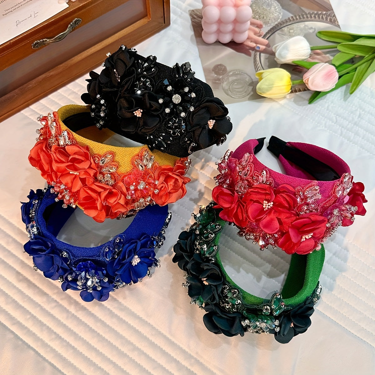 Crystal Mesh Flower Headband Wide Brim Hair Band