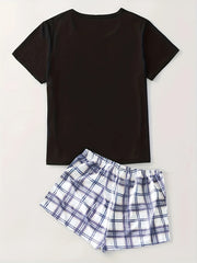 Plaid Pajama Set Short Sleeve Top & Bow Shorts