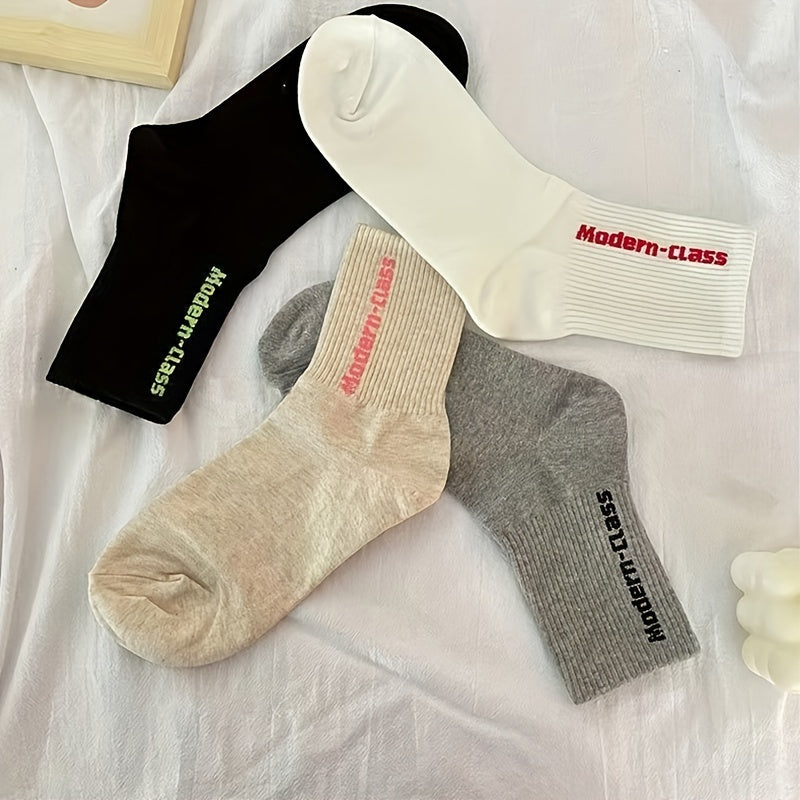4 Pairs Letter Print Crew Sports Socks Women's Stockings