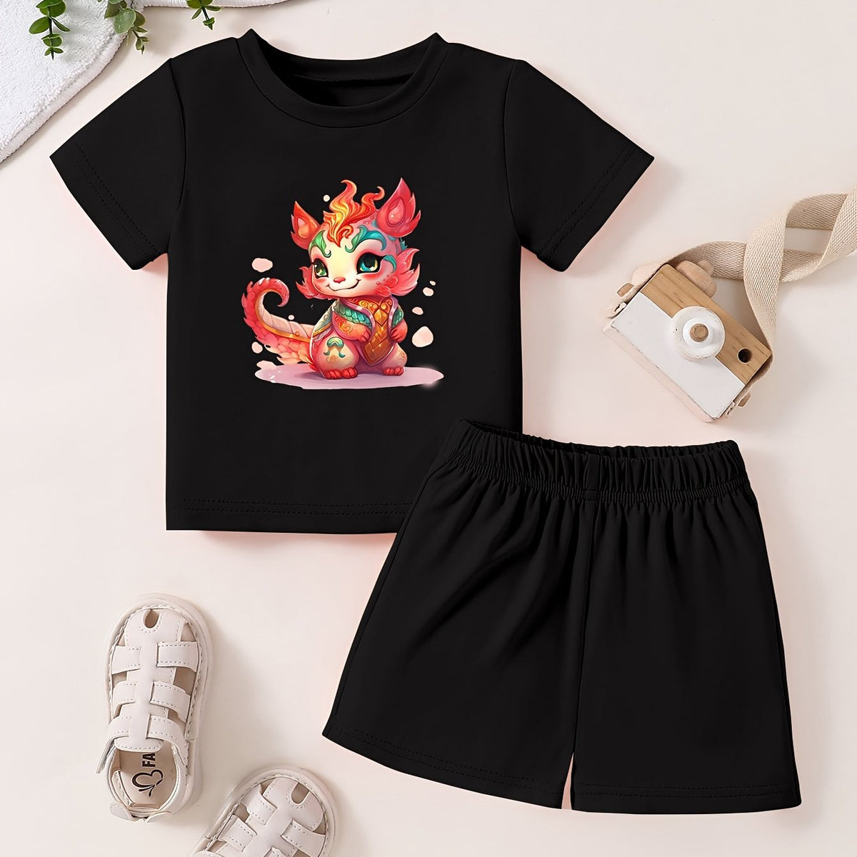 Toddler Kid 2pcs Cartoon Pattern Set Short Sleeve T shirt & Shorts