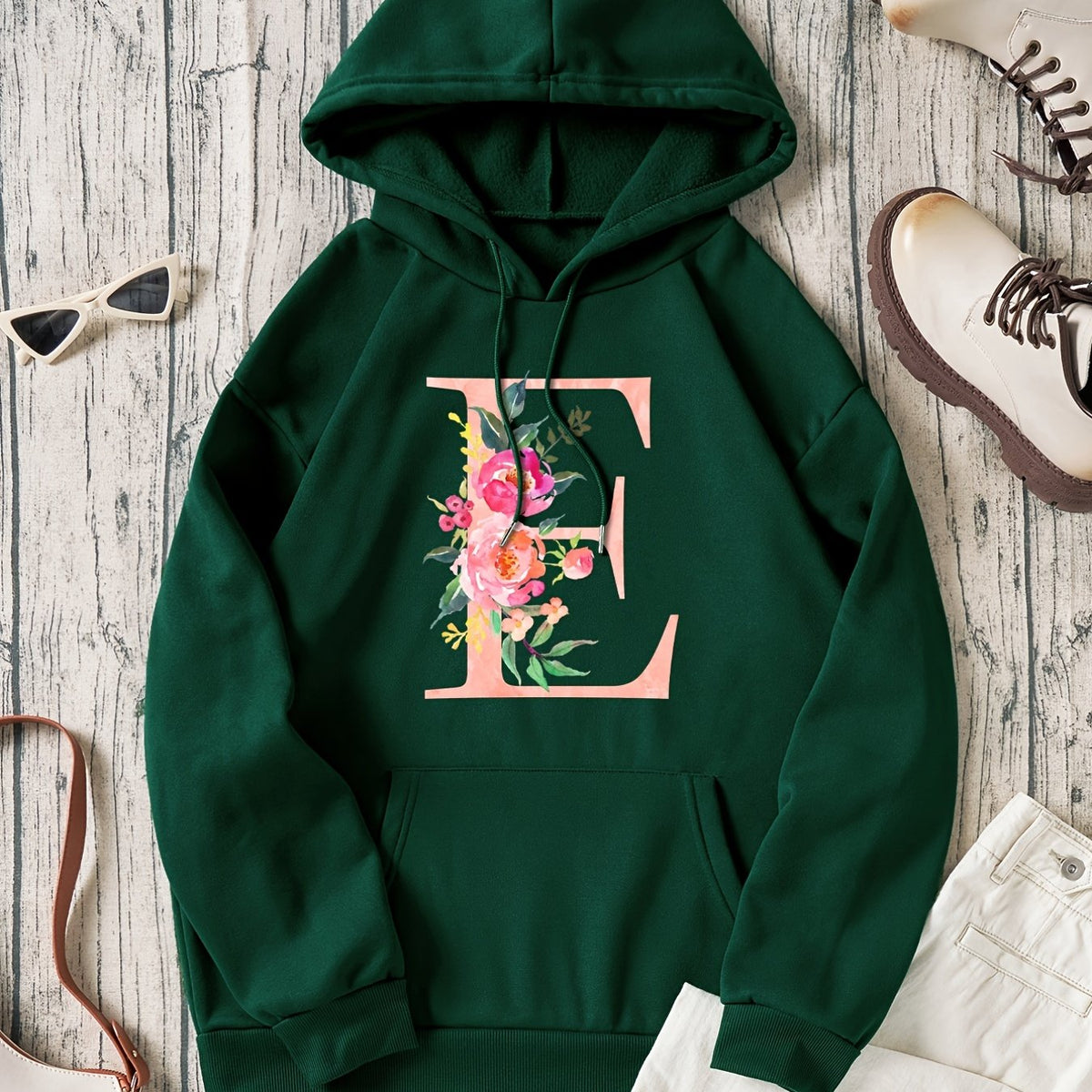 Flower & E Print Pullover Sweatshirt Drawstring Hoodies