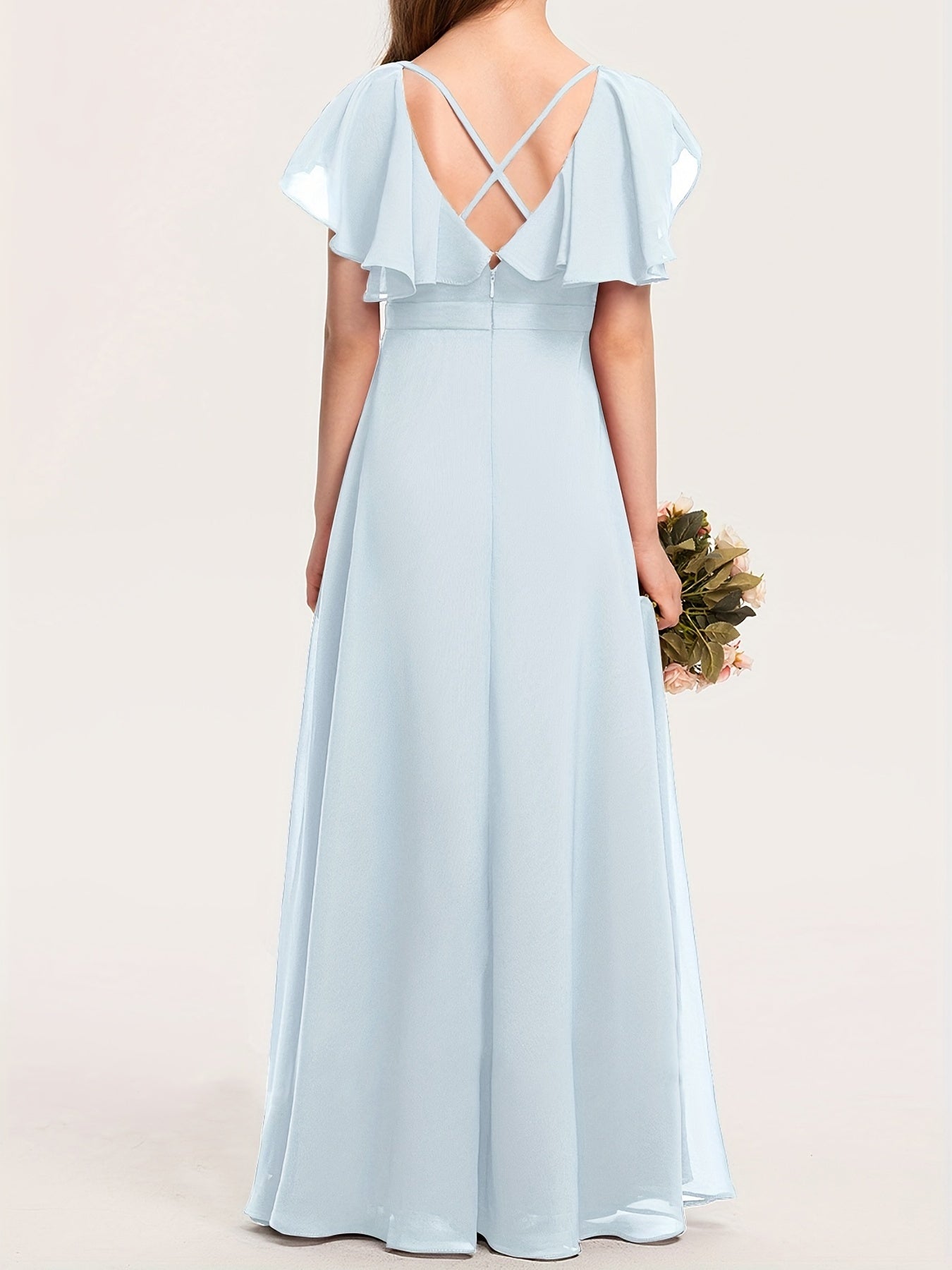 Girls Flounce Sleeve V Neck Bridesmaid Dress For Wedding