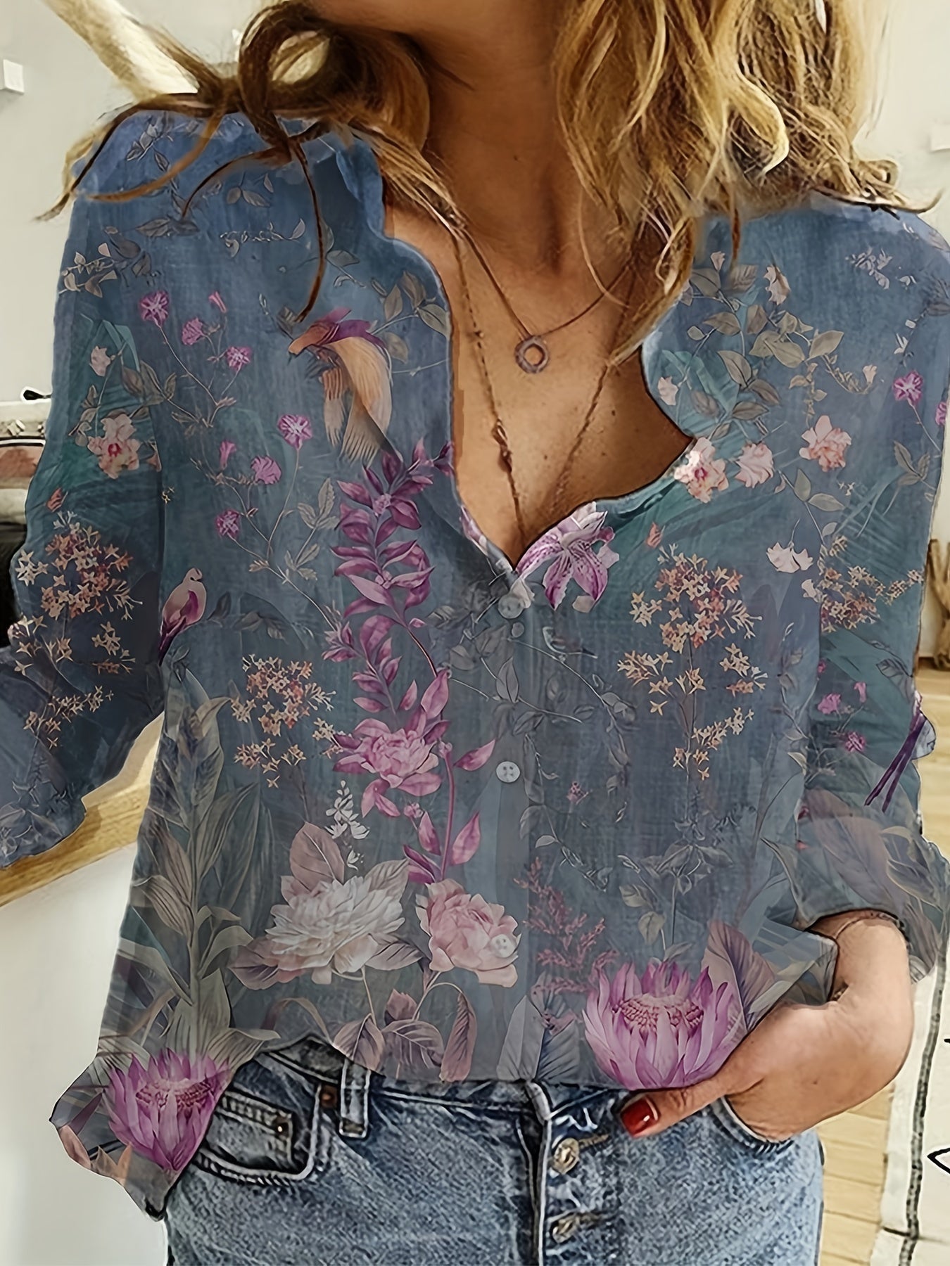  Floral Print Button Up Long Sleeve Blouse