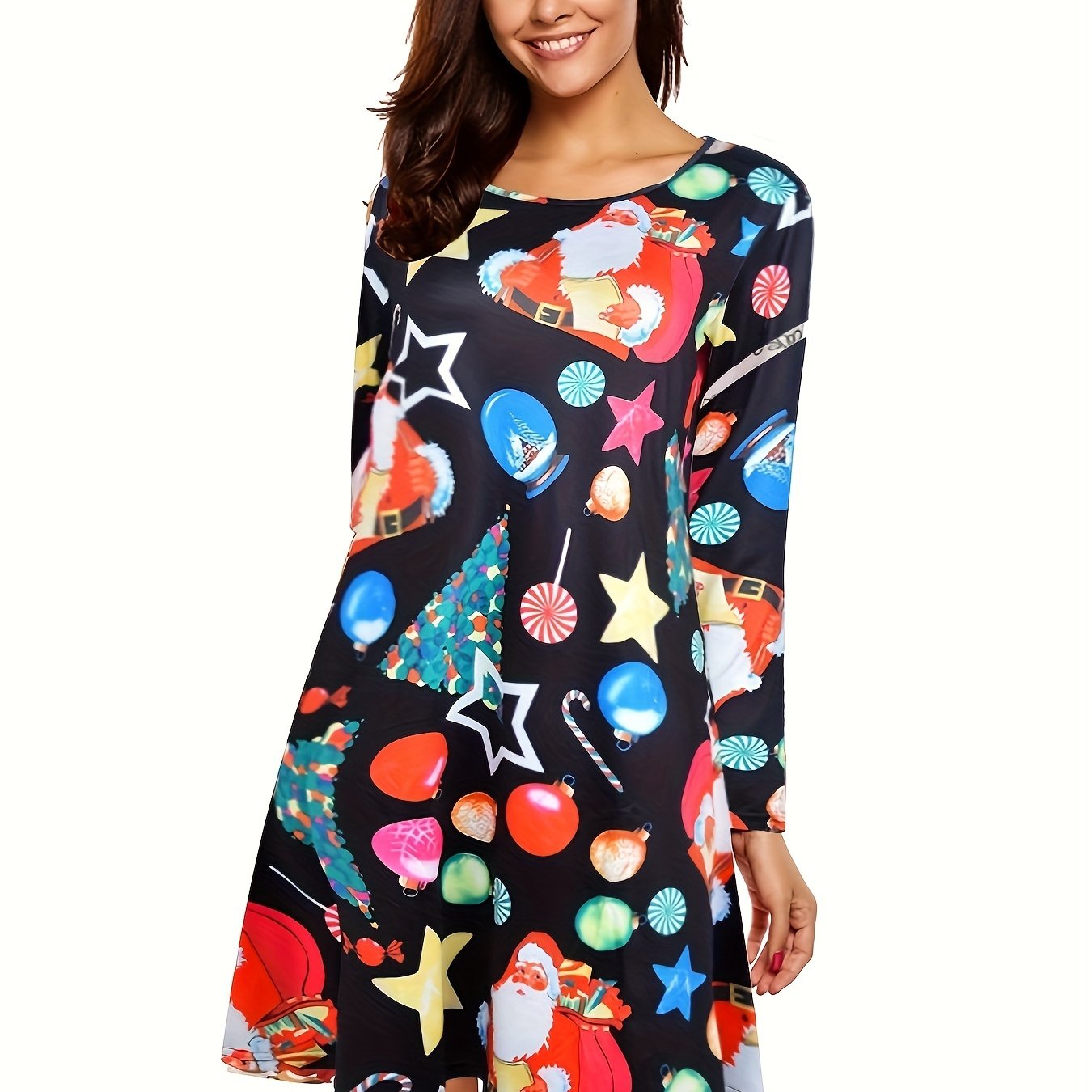  Christmas Dress Women's Plus Santa Claus Print Long Sleeve Round Neck