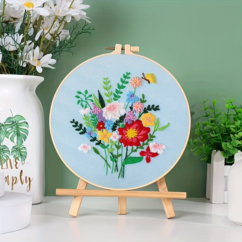 Flower Leaf & Butterfly Embroidery DIY Self Embroidery Set With Hoop