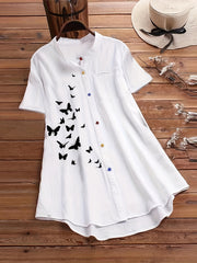  Butterfly Print Short Sleeve Button Shirt