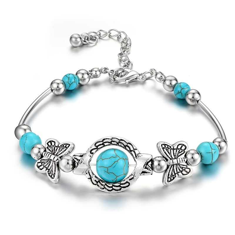 Vintage Silver Turquoise Butterfly Bracelet Chain Beads Bangle Wedding Gift