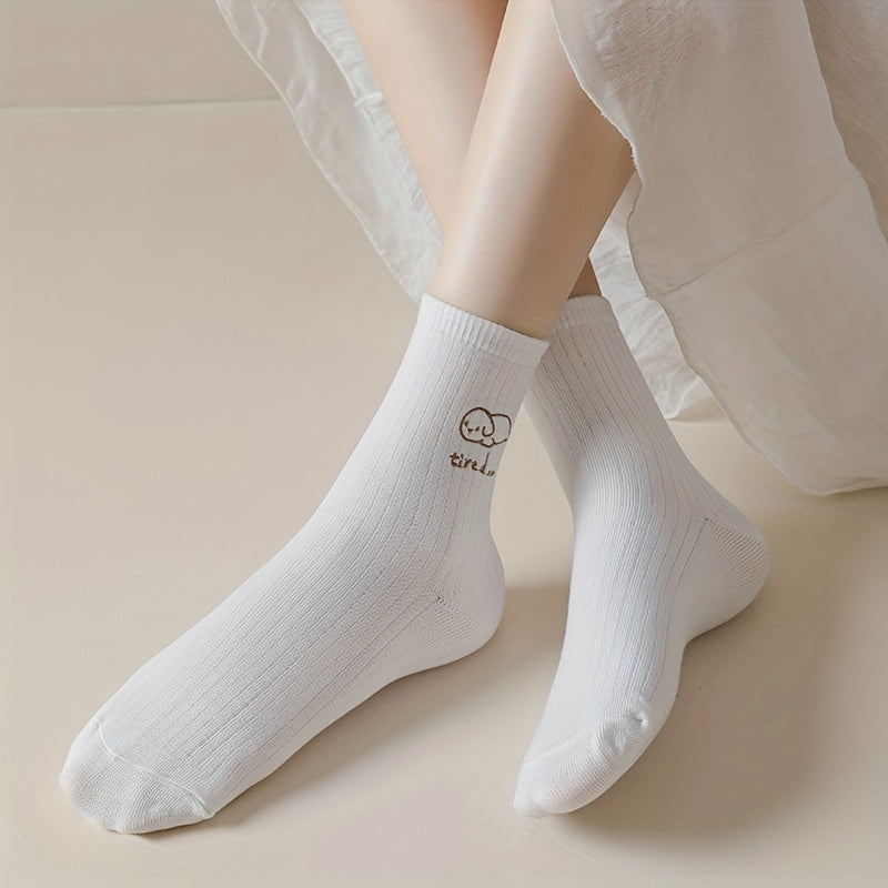 6 Pairs Cartoon Embroidery Mid Tube Socks Women's Stockings