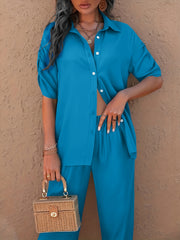 Solid Two Piece Set Ruched Half Sleeve Shirt & Elastic Waist Pants