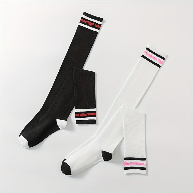 Heart Print Striped Calf Socks Sports Knee High Women's Stockings
