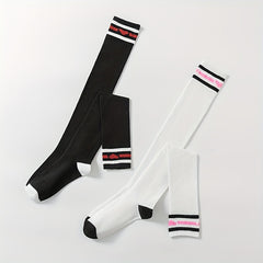 Heart Print Striped Calf Socks Sports Knee High Women's Stockings