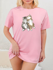  Cats Print Lounge Dress Short Sleeve Round Neck Sleep Dress