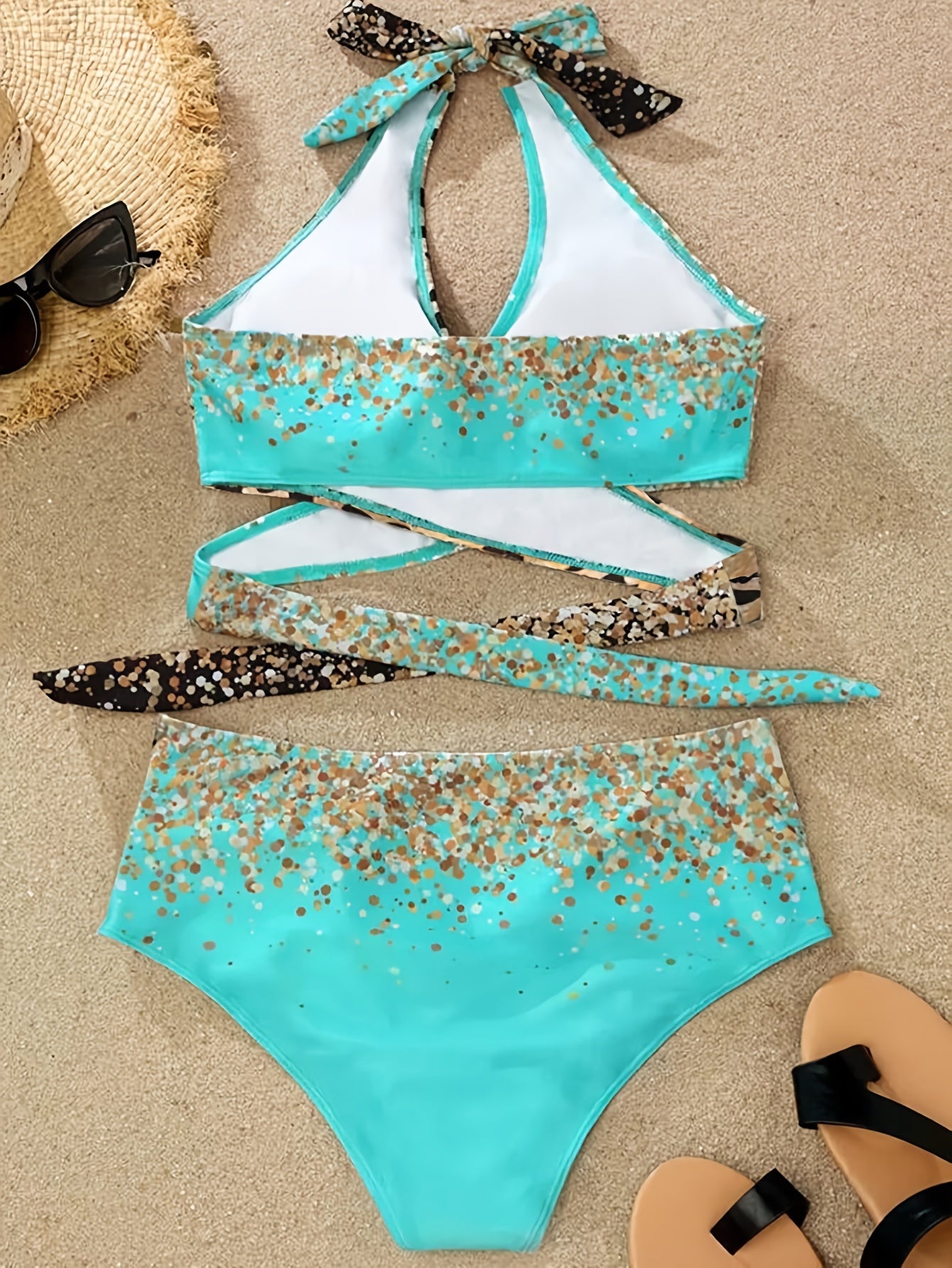 Leopard Print Tie Neck 2 Piece Bikini Set
