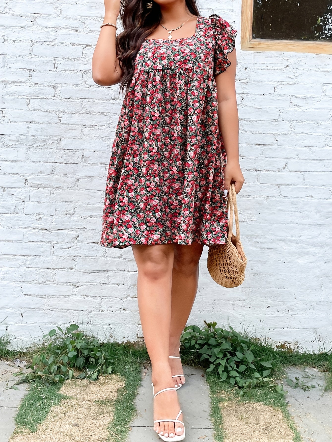  Ditsy Floral Print Butterfly Sleeve Square Neck Mini Dress