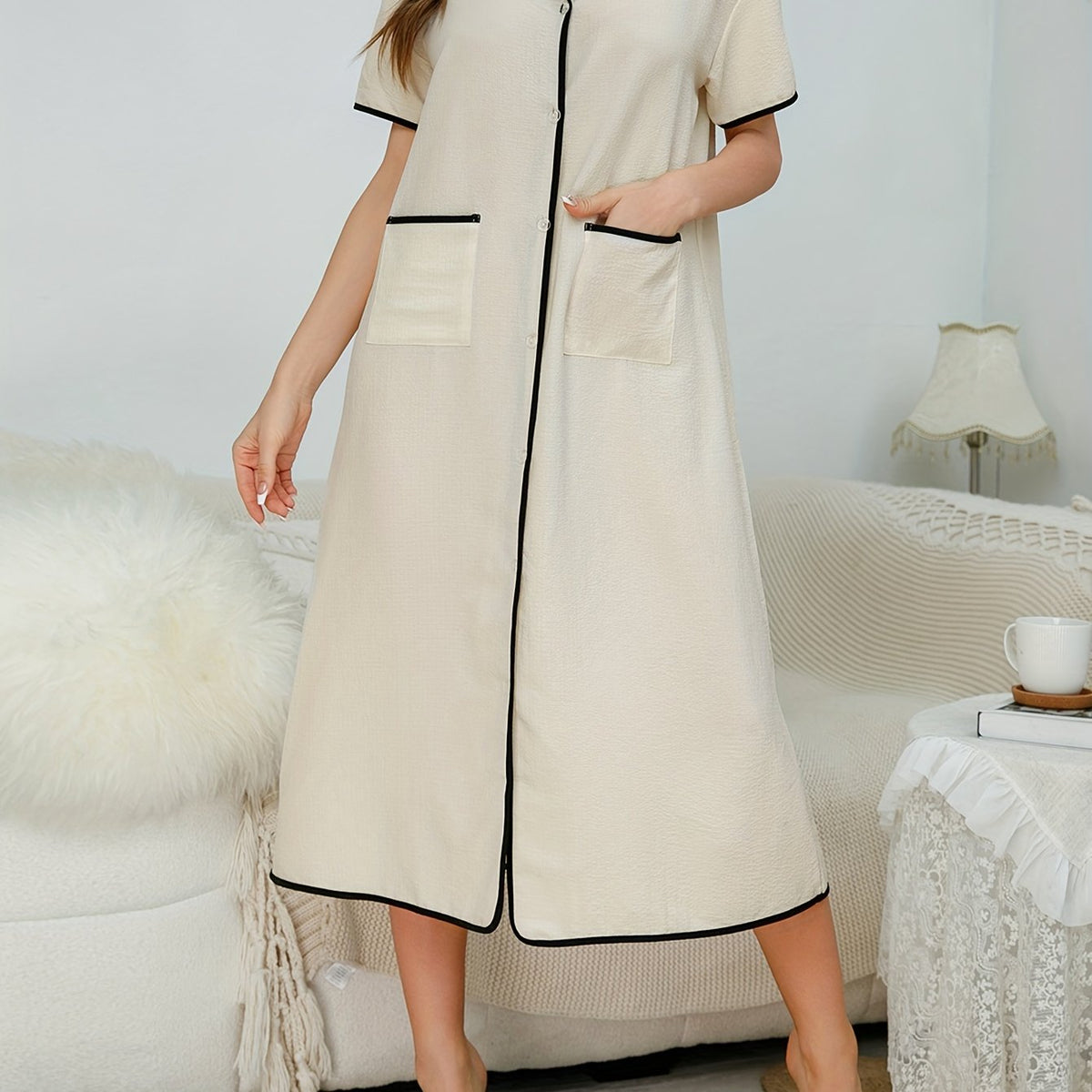V Neck Short Sleeve Home Dress With Pockets Women's Loungewear