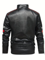 Men's Casual Fleece PU Leather Jacket Stand Collar Biker Jacket