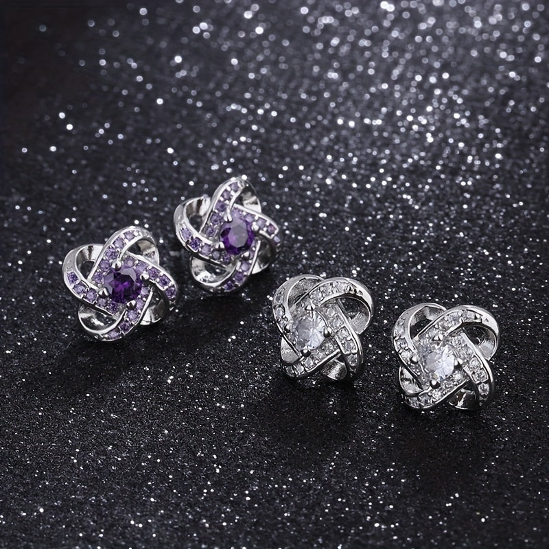 2pcs Pair Men's Earrings Clover & Purple Faux Diamond