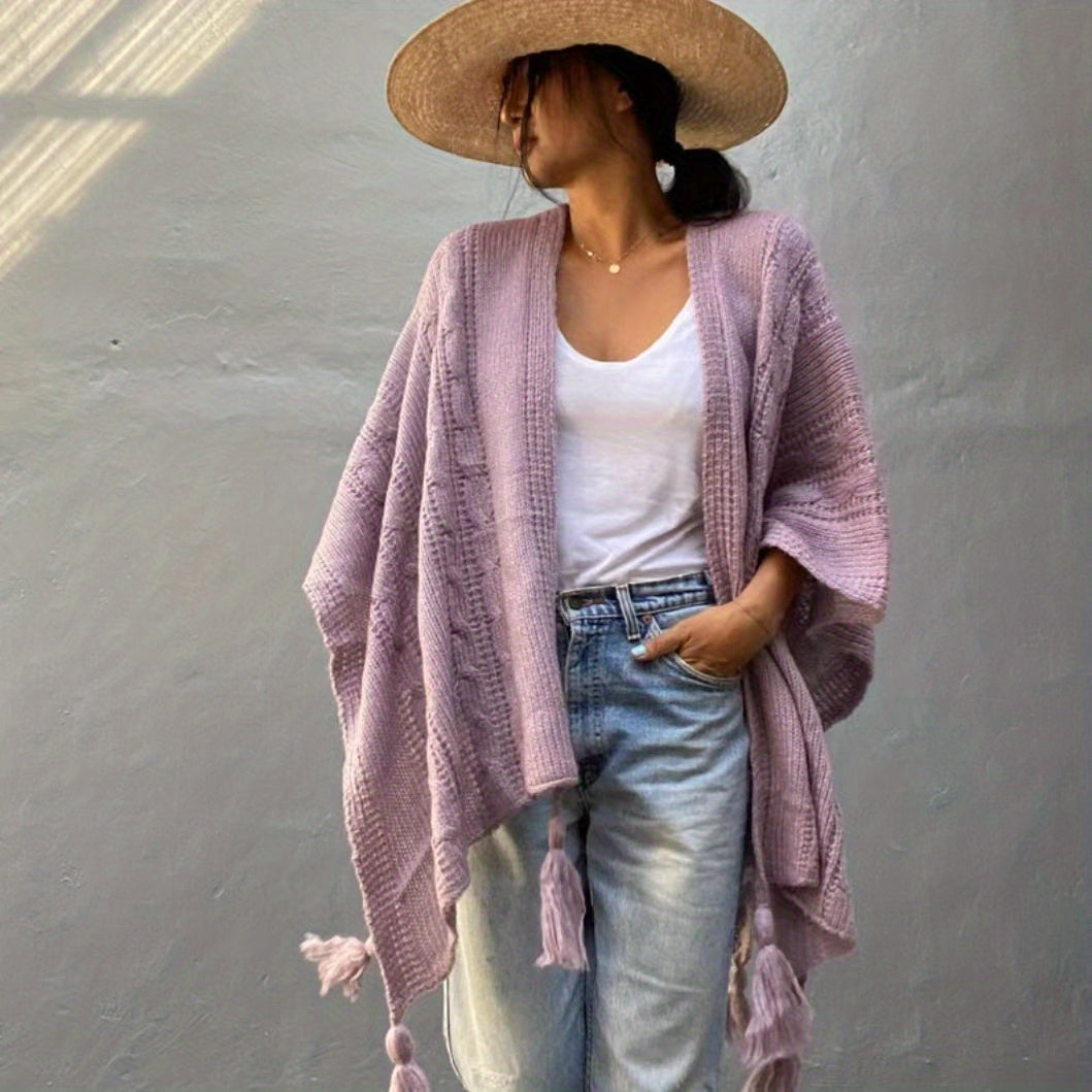 Ribbed Knitted Tassel Shawl Windproof Wrap Poncho Boho Cloak Sweater