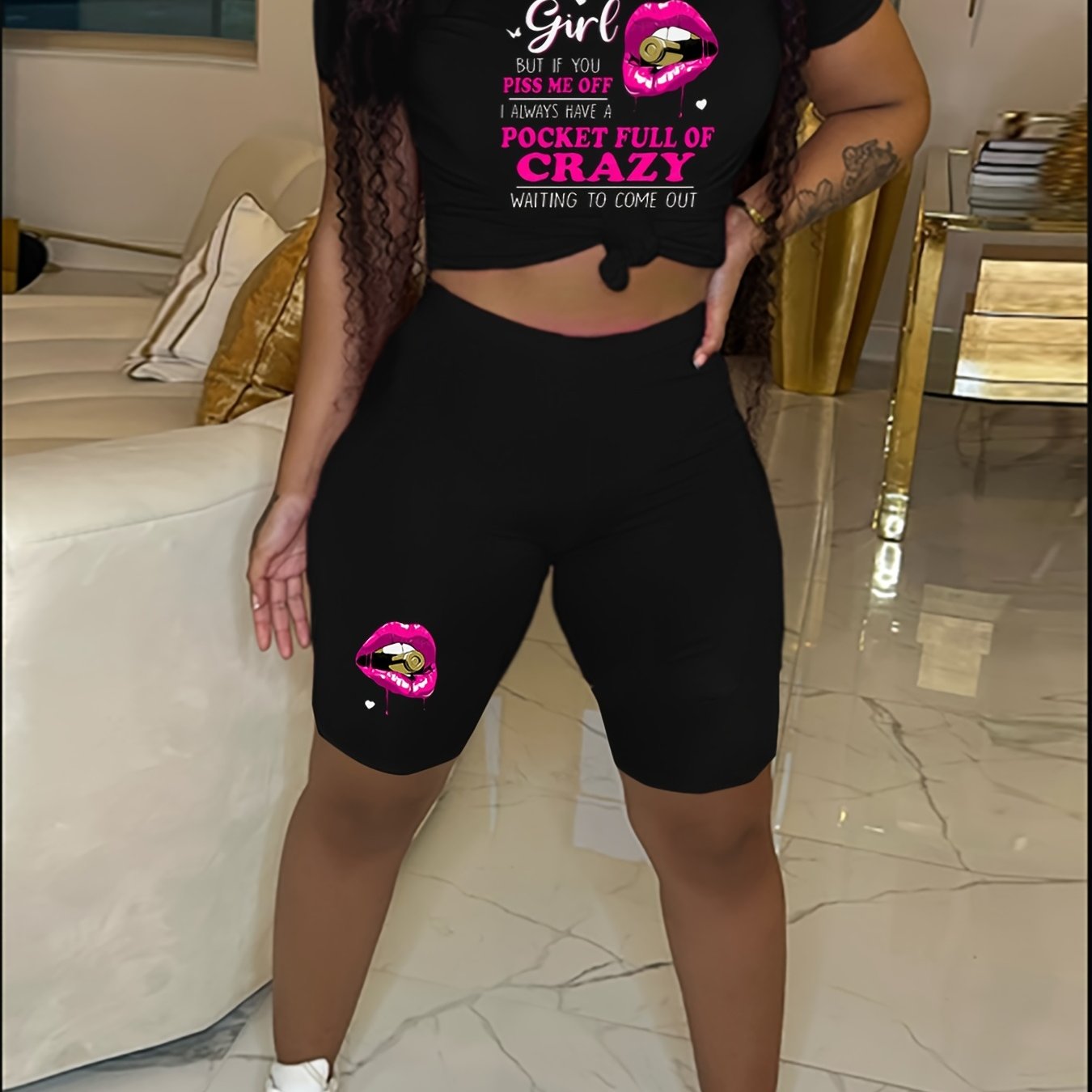  Casual 2 Piece Set Women's Plus Slogan & Lip Print Top & Shorts