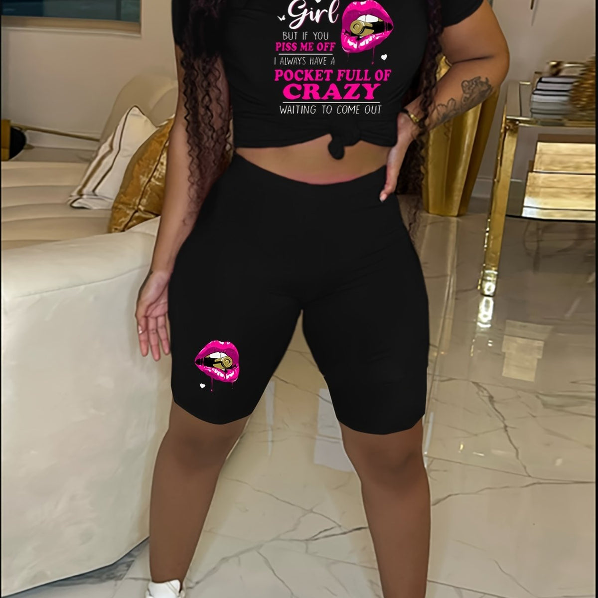  Casual 2 Piece Set Women's Plus Slogan & Lip Print Top & Shorts