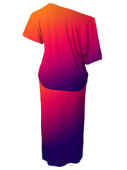  Ombre Graphic Print One Shoulder Tee & Tie Skirt Set