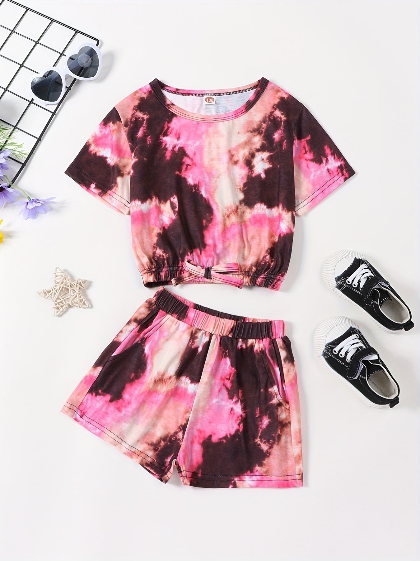 2pcs Toddler Girls Tie Dye Bow T Shirts & Shorts Set Kids Summer Clothes