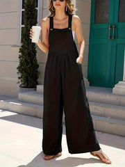  Solid Button Wide Leg Overalls With Pockets