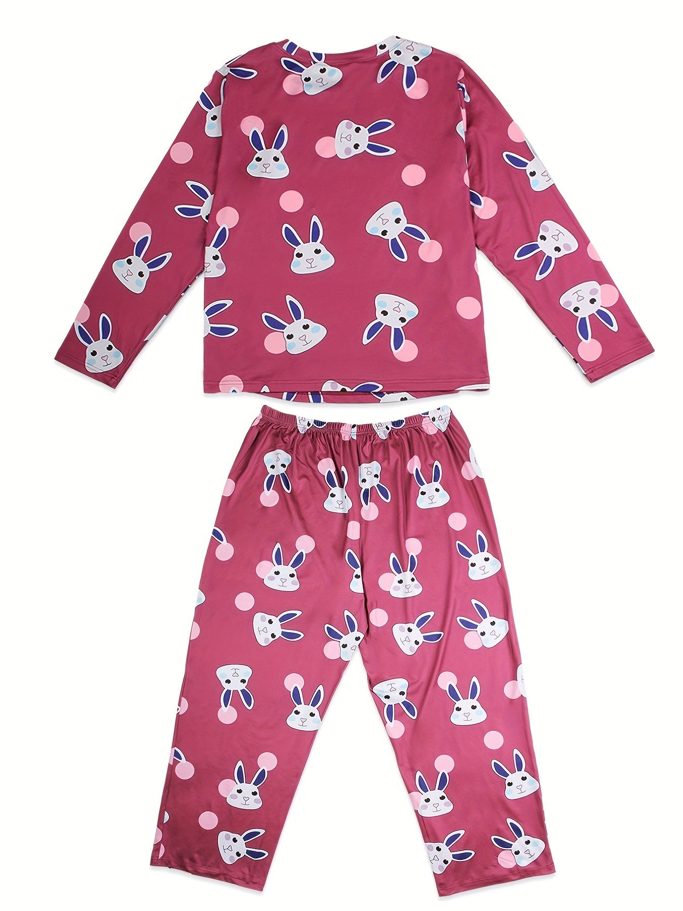  Rabbit & Dot Print Pajama Set Long Sleeve Tee & Pants Two Piece