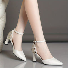 Women's Ankle Strap Chunky Heels Pointed Toe Pumps
