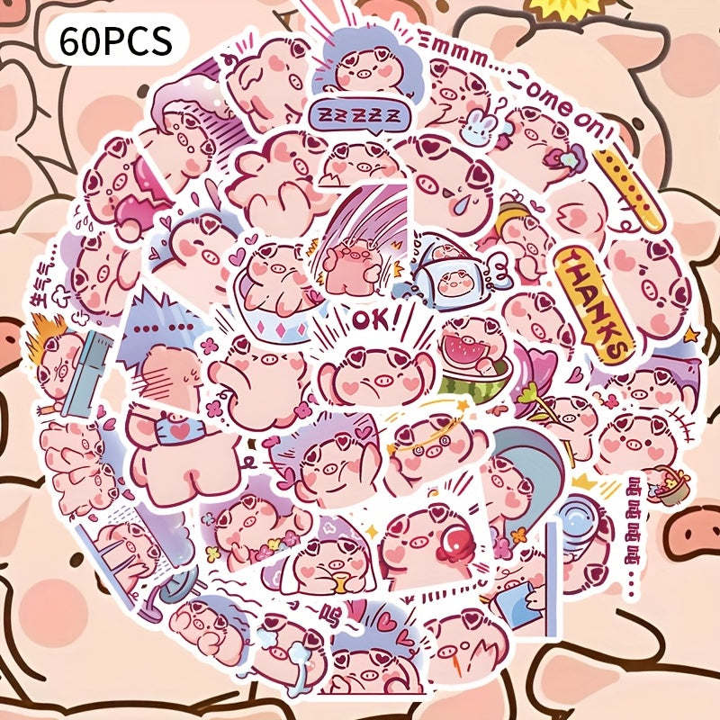 60 Pig Cartoon Stickers Fun Vinyl Decals for Devices & More