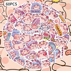 60 Pig Cartoon Stickers Fun Vinyl Decals for Devices & More