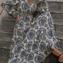  Damask Print Maxi Dress V Neck Flounce Sleeve Waist Nipped