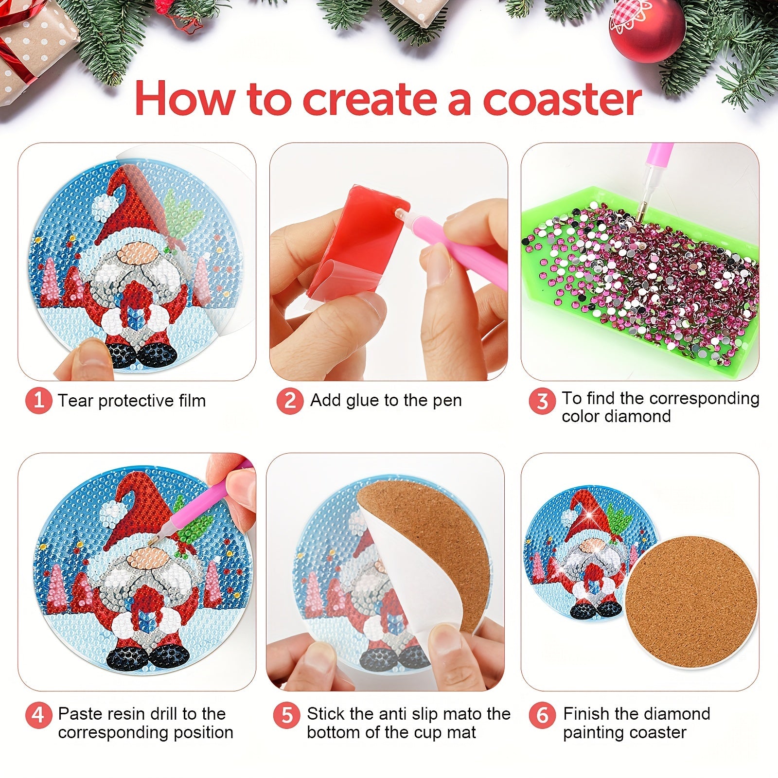 8pcs Christmas Candy Gnome Diamond Painting Coasters Kits