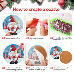 8pcs Christmas Candy Gnome Diamond Painting Coasters Kits