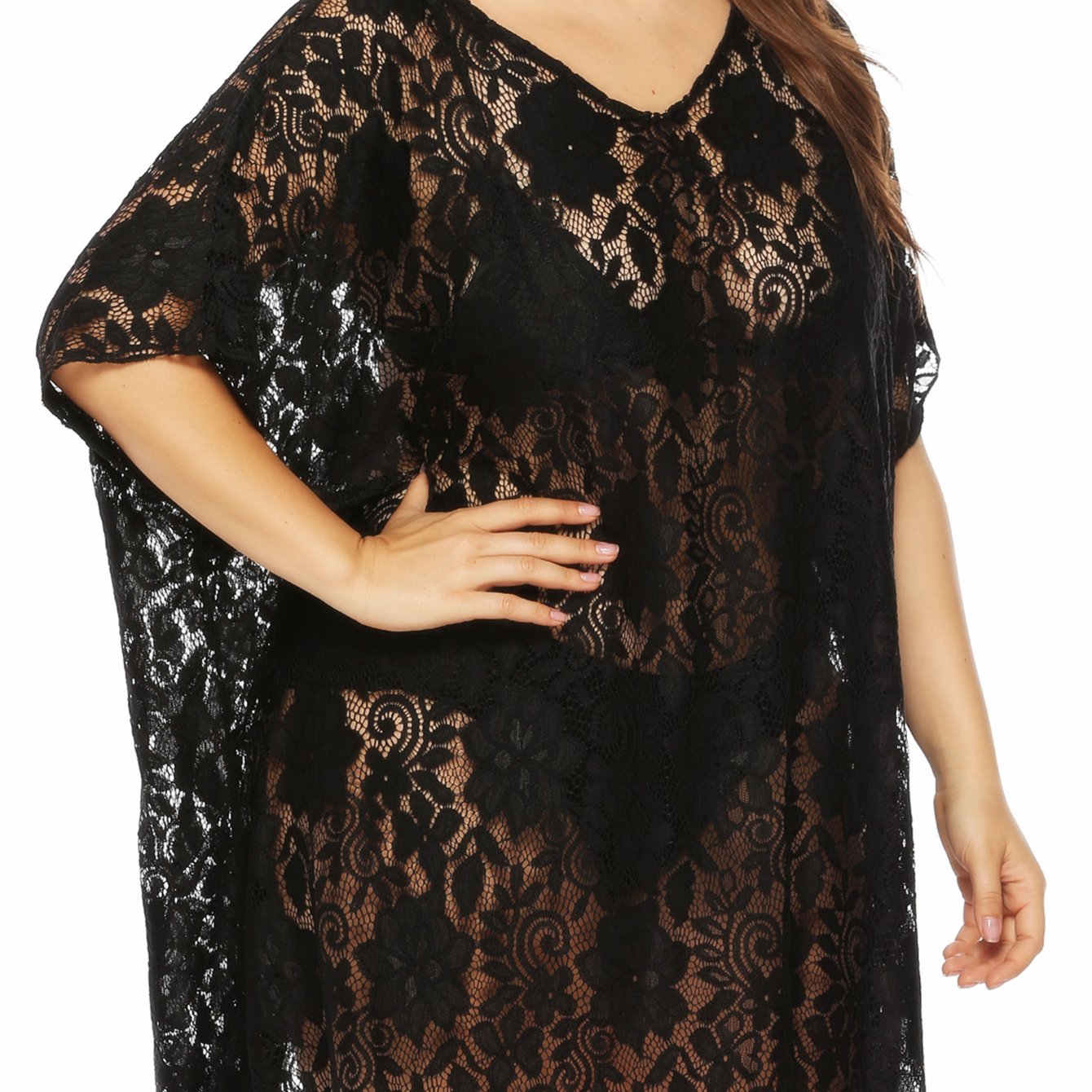  Embroidered Floral Lace V Neck Cover Up
