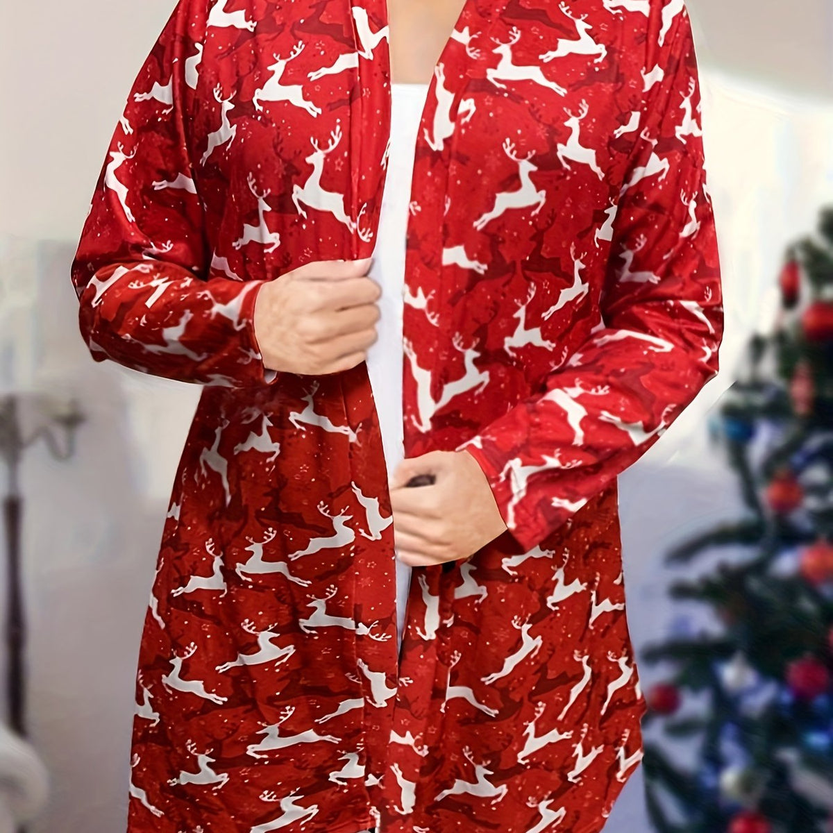  Christmas Deer Print Cardigan Open Front Long Sleeve