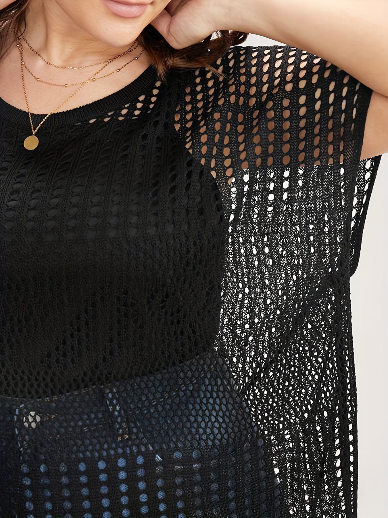 Plus Size Casual Knit Top Women's Plus Solid Hollow Out Bat Sleeve