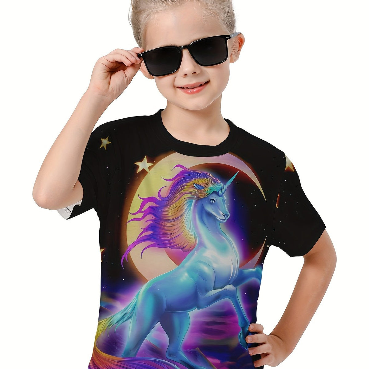 Moon & Unicorn 3D Graphic Tee for Girls - Summer Sports