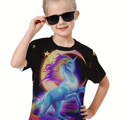 Moon & Unicorn 3D Graphic Tee for Girls - Summer Sports