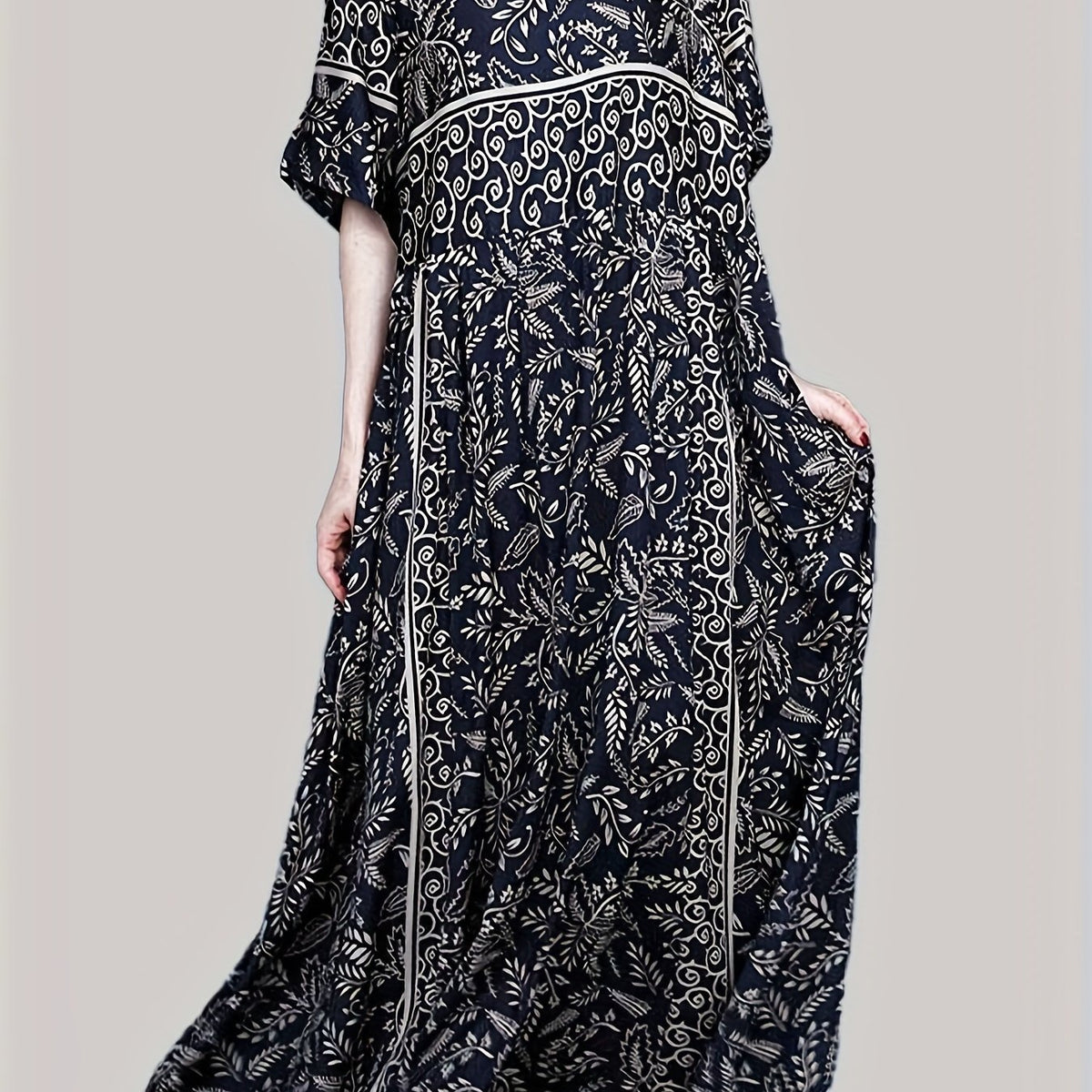 Boho Maxi Dress Women's Plus Allover Print Half Sleeve Loose Fit Dress
