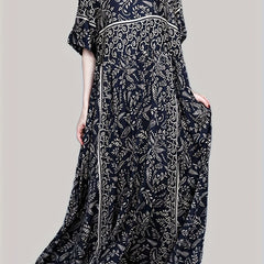 Boho Maxi Dress Women's Plus Allover Print Half Sleeve Loose Fit Dress