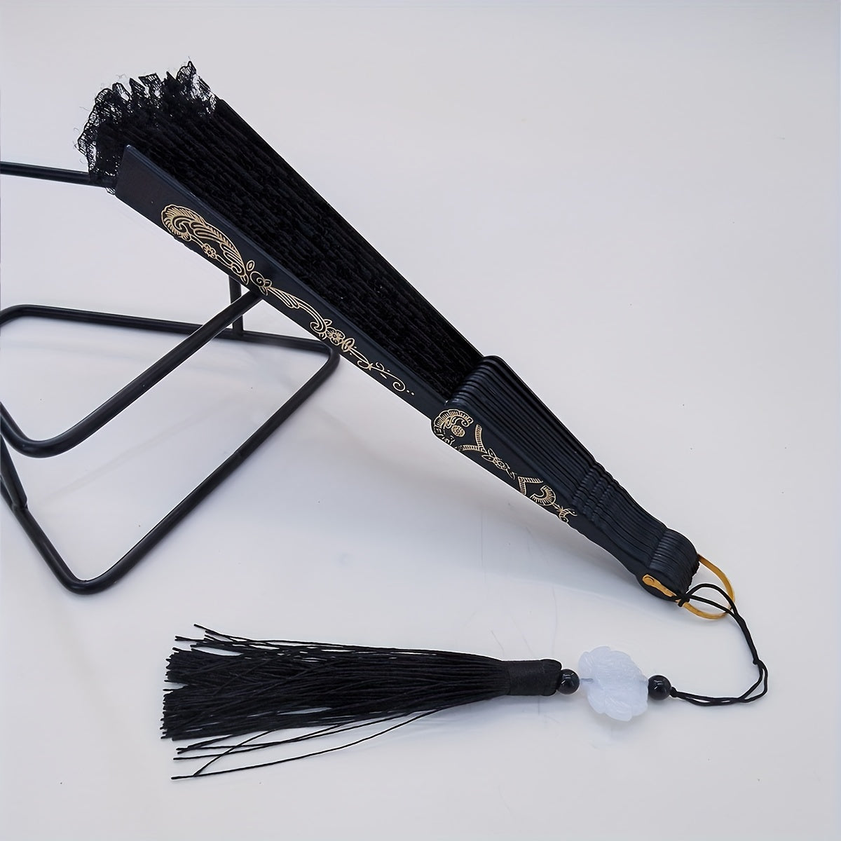 Lace Floral Pattern Folding Fan with Tassel