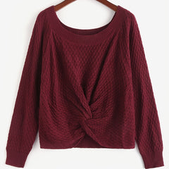  Twist Front Round Neck Long Sleeve Sweater
